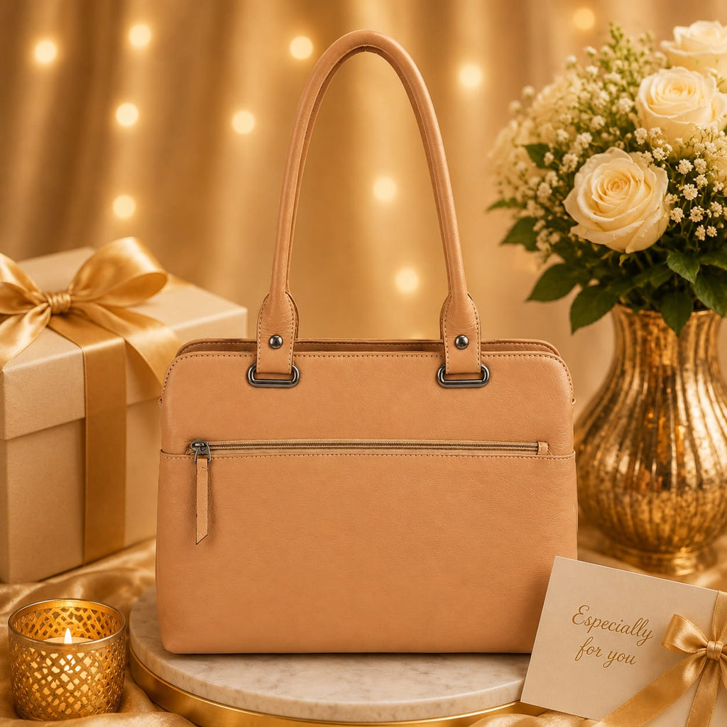 Luxcariiy Genuine Leather Tote Bag for Women – Large Tan Brown Leather Handbag, Shoulder Work Bag, Laptop Tote with Zipper & Pockets