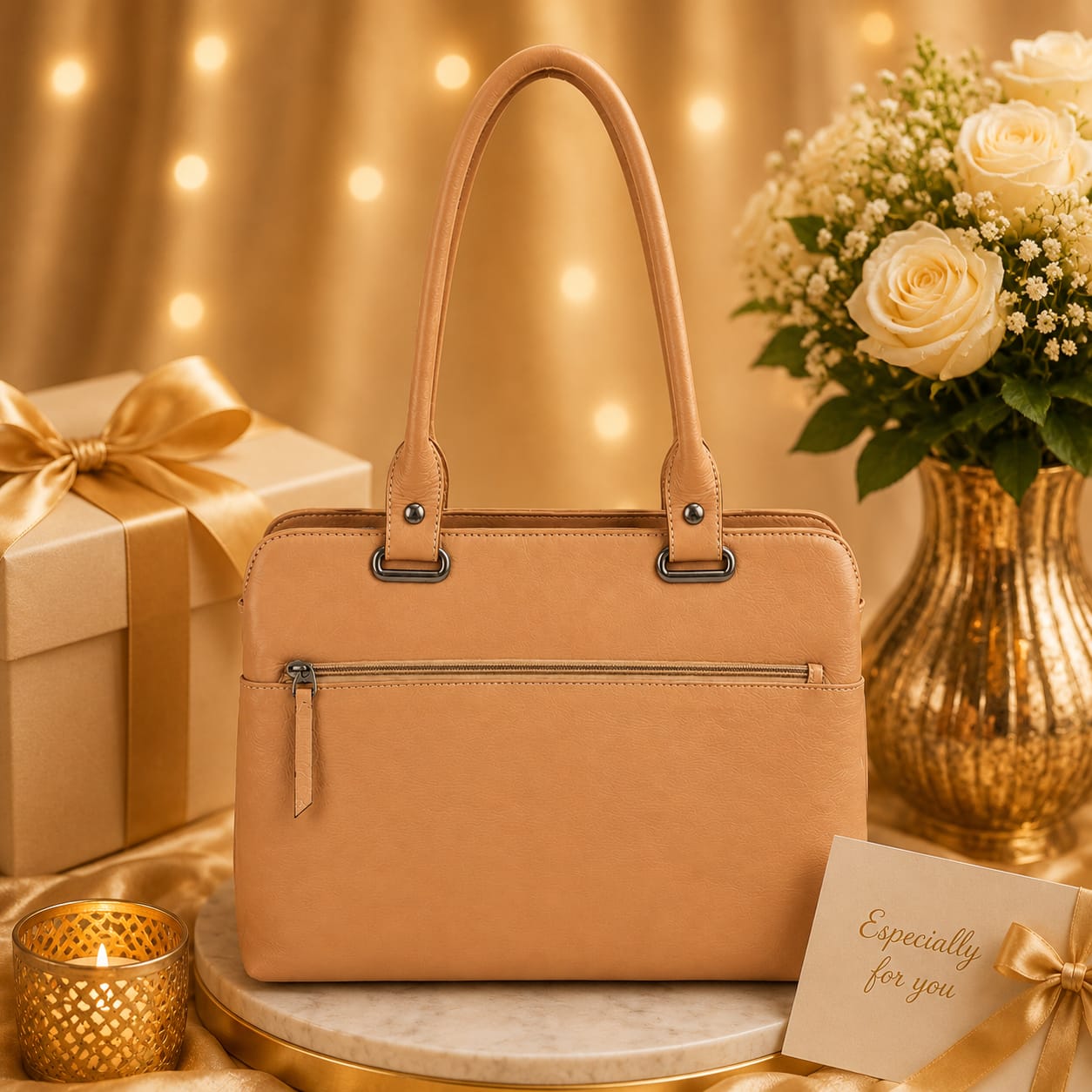 Luxcariiy Genuine Leather Tote Bag for Women – Large Tan Brown Leather Handbag, Shoulder Work Bag, Laptop Tote with Zipper & Pockets