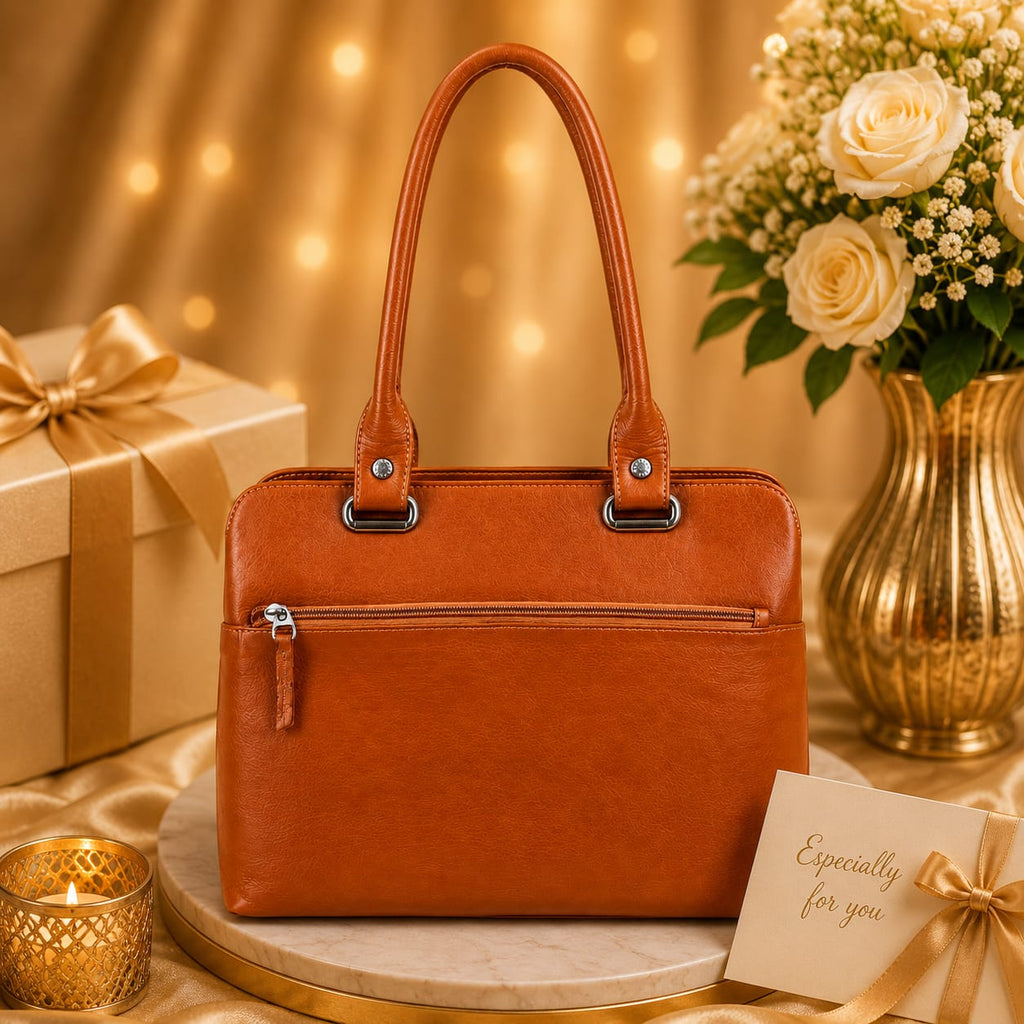 Luxcariiy Genuine Leather Tote Bag for Women – Cognac Brown Large Zipper Handbag, Professional Work, Office, Business & Everyday Shoulder Bag
