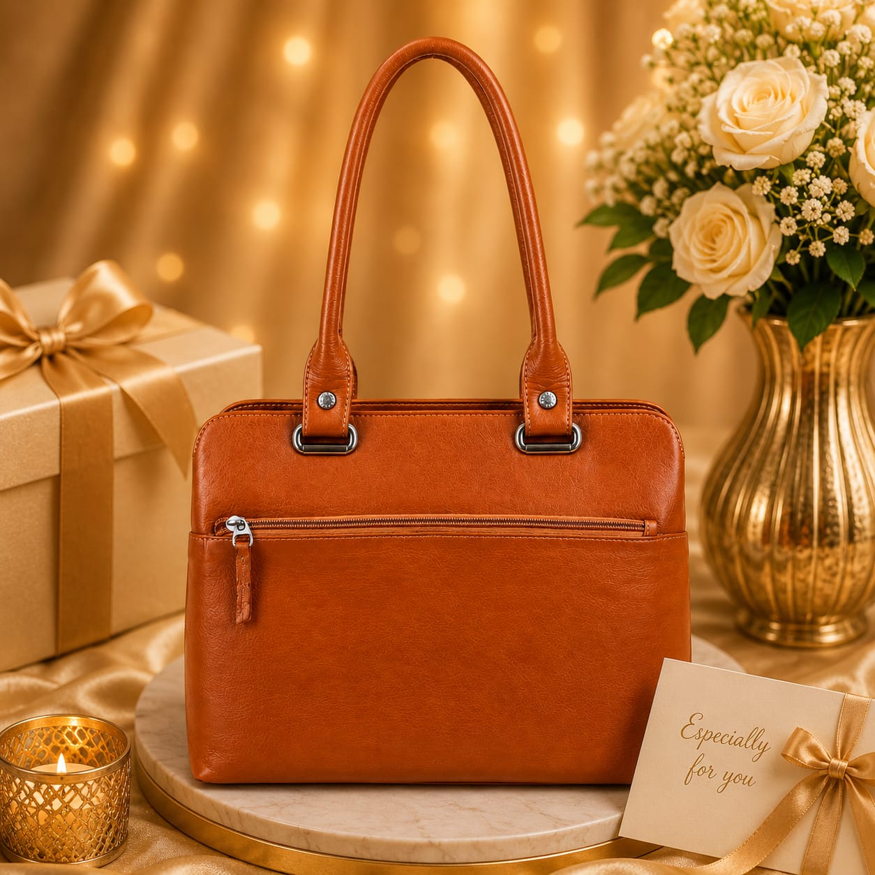 Luxcariiy Genuine Leather Tote Bag for Women – Cognac Brown Large Zipper Handbag, Professional Work, Office, Business & Everyday Shoulder Bag