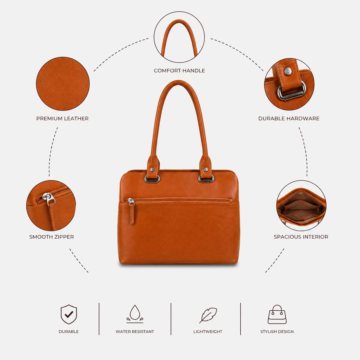 Luxcariiy Genuine Leather Tote Bag for Women – Cognac Brown Large Zipper Handbag, Professional Work, Office, Business & Everyday Shoulder Bag