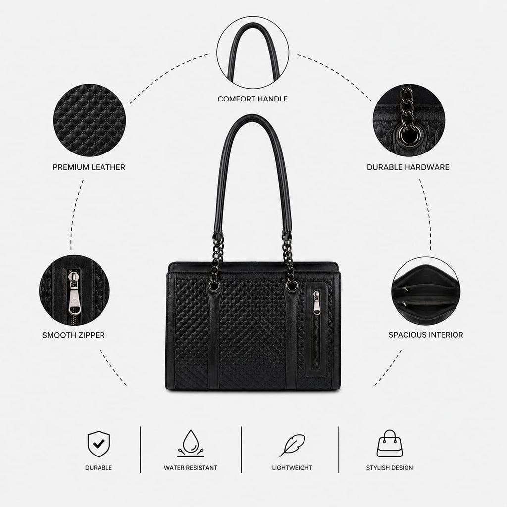 Luxcariiy Black Genuine Leather Tote Bag for Women – Large Zippered Work, Office, Laptop & Travel Shoulder Handbag with Pockets
