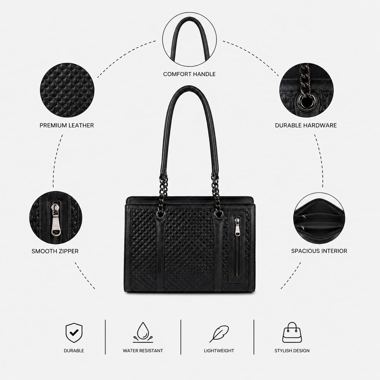 Luxcariiy Black Genuine Leather Tote Bag for Women – Large Zippered Work, Office, Laptop & Travel Shoulder Handbag with Pockets