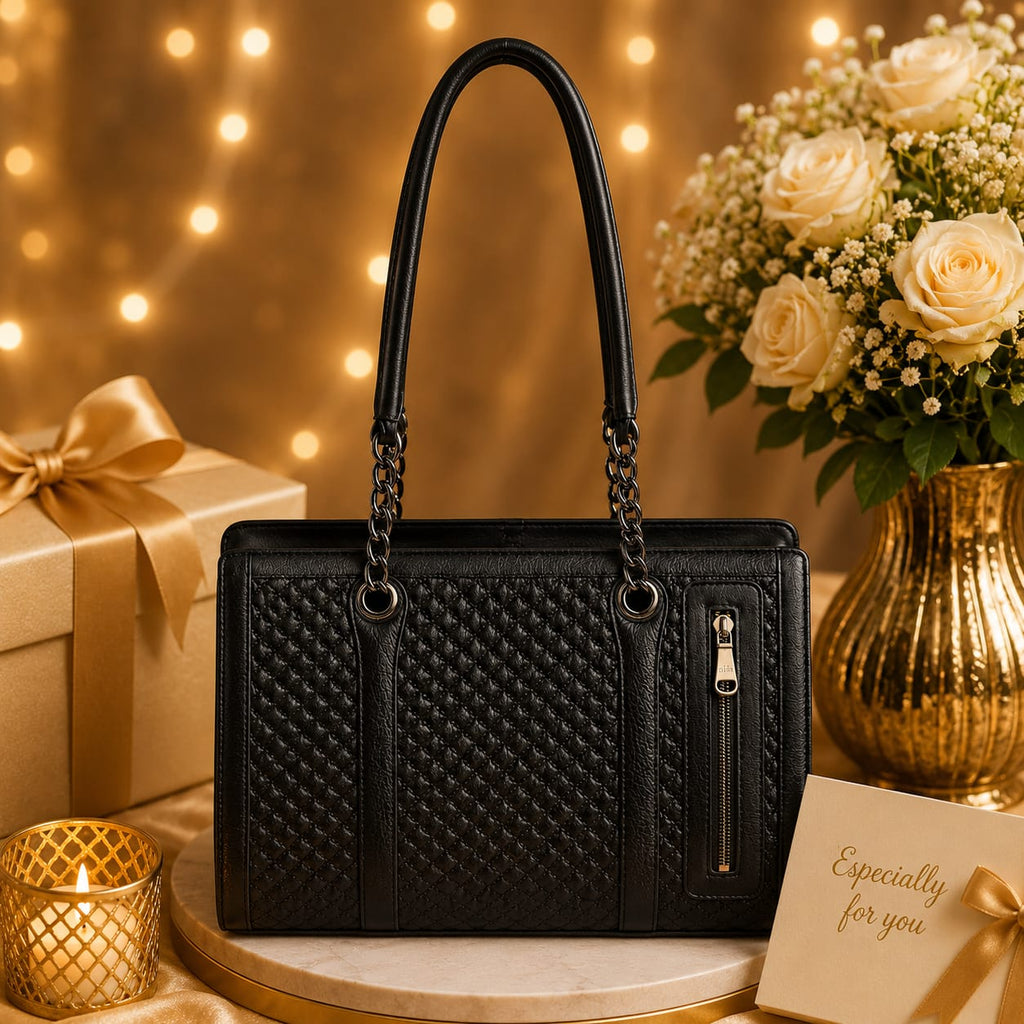 Luxcariiy Black Genuine Leather Tote Bag for Women – Large Zippered Work, Office, Laptop & Travel Shoulder Handbag with Pockets
