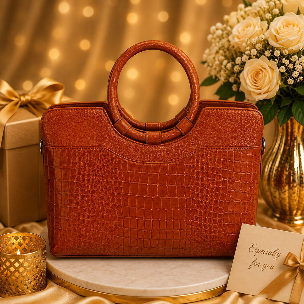 Luxcariiy Genuine Leather Tote Bag for Women – Brown Crocodile Embossed Structured Top Handle Handbag, Large Leather Work Bag & Everyday Purse