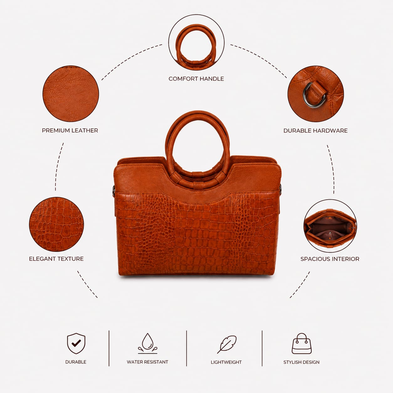 Luxcariiy Genuine Leather Tote Bag for Women – Brown Crocodile Embossed Structured Top Handle Handbag, Large Leather Work Bag & Everyday Purse