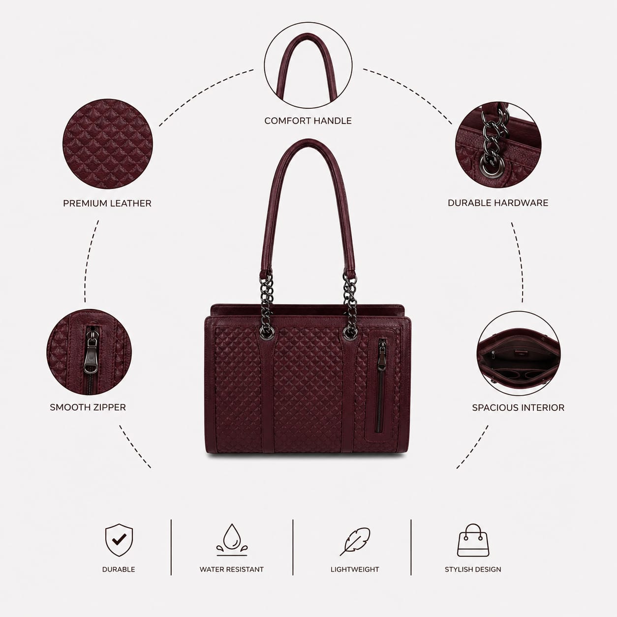 Luxcariiy Women’s Genuine Leather Tote Bag – Large Burgundy Leather Handbag, Shoulder Work Bag with Zipper & Pockets, Luxury Laptop Tote for Office, Travel & Everyday Use