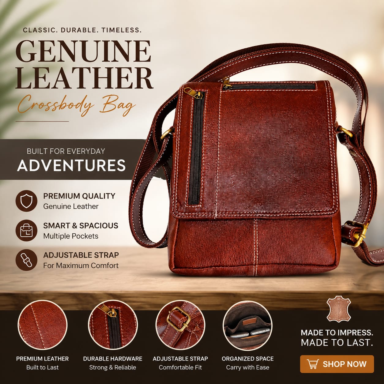 Luxcariiy Brown Genuine Leather Crossbody Messenger Bag for Men & Women – Handmade Vintage Leather Shoulder Travel Bag with Adjustable Strap & Multiple Pockets