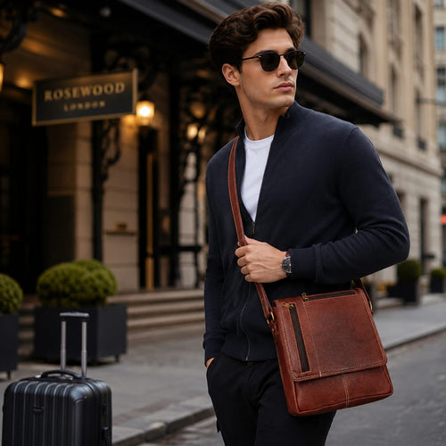 Luxcariiy Brown Genuine Leather Crossbody Messenger Bag for Men & Women – Handmade Vintage Leather Shoulder Travel Bag with Adjustable Strap & Multiple Pockets