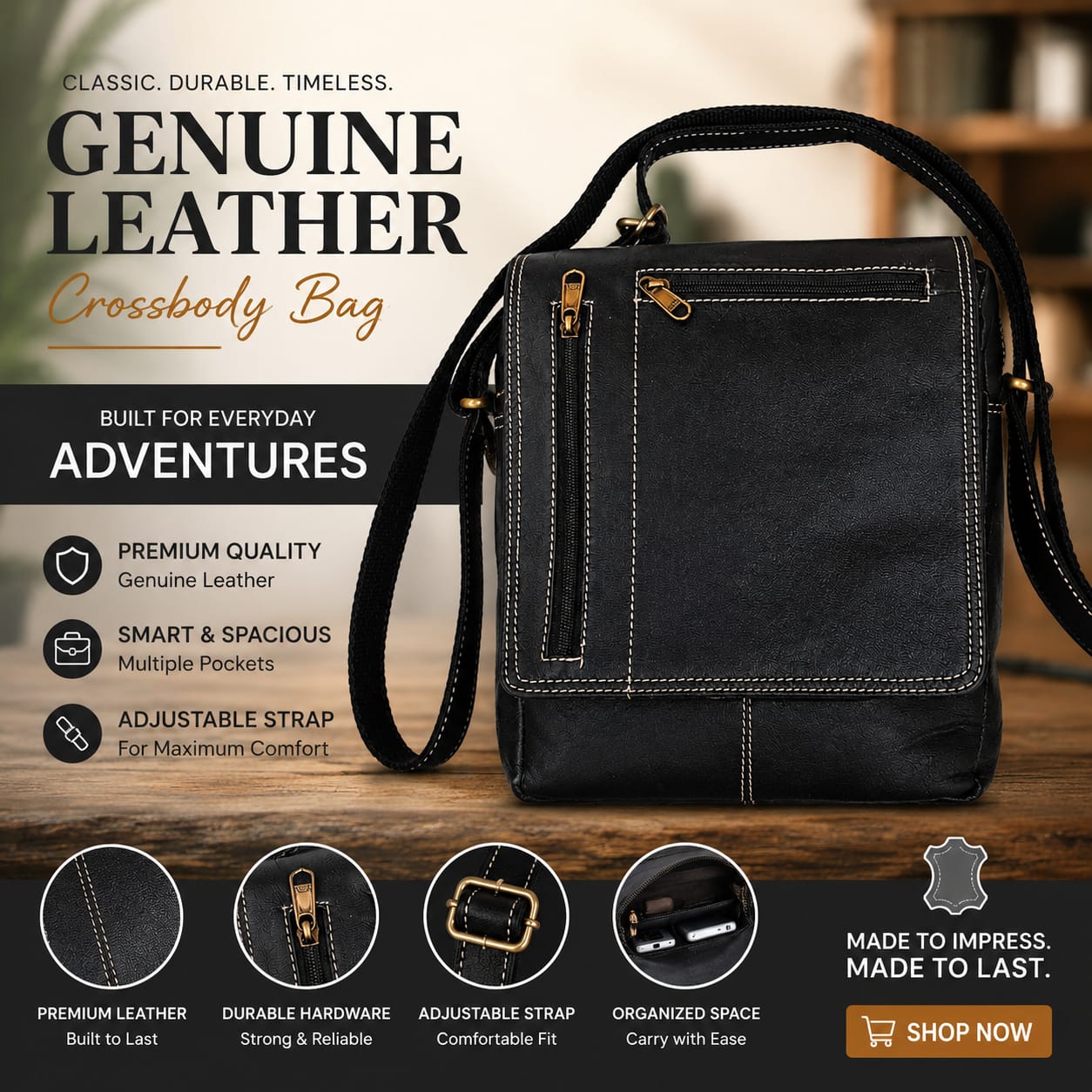 Genuine Leather Crossbody Bag for Men & Women – Handmade Messenger Shoulder Satchel Bag for Travel, Work & Everyday Carry