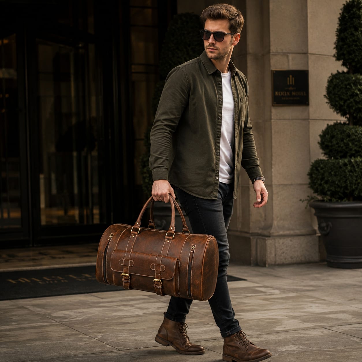 Luxcariiy Brown Genuine Leather Duffle Bag for Men & Women – Handmade Large Weekender Travel Duffel Bag with Multiple Pockets & Shoulder Strap