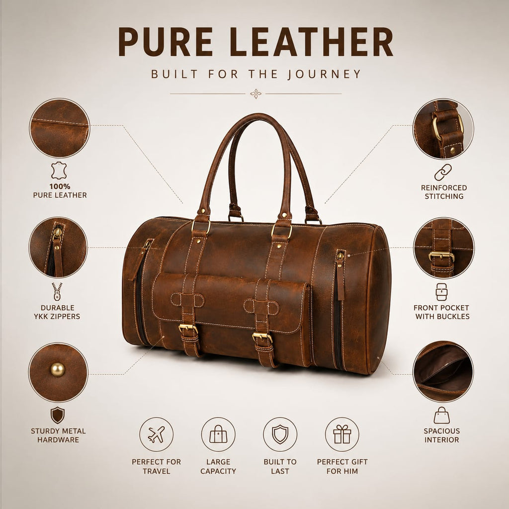 Luxcariiy Brown Genuine Leather Duffle Bag for Men & Women – Handmade Large Weekender Travel Duffel Bag with Multiple Pockets & Shoulder Strap