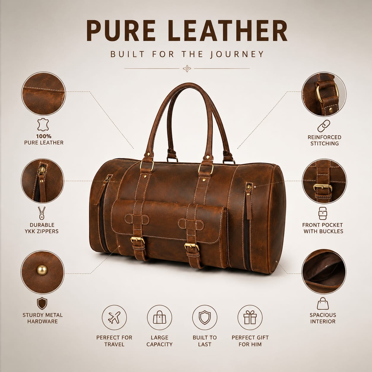 Luxcariiy Brown Genuine Leather Duffle Bag for Men & Women – Handmade Large Weekender Travel Duffel Bag with Multiple Pockets & Shoulder Strap