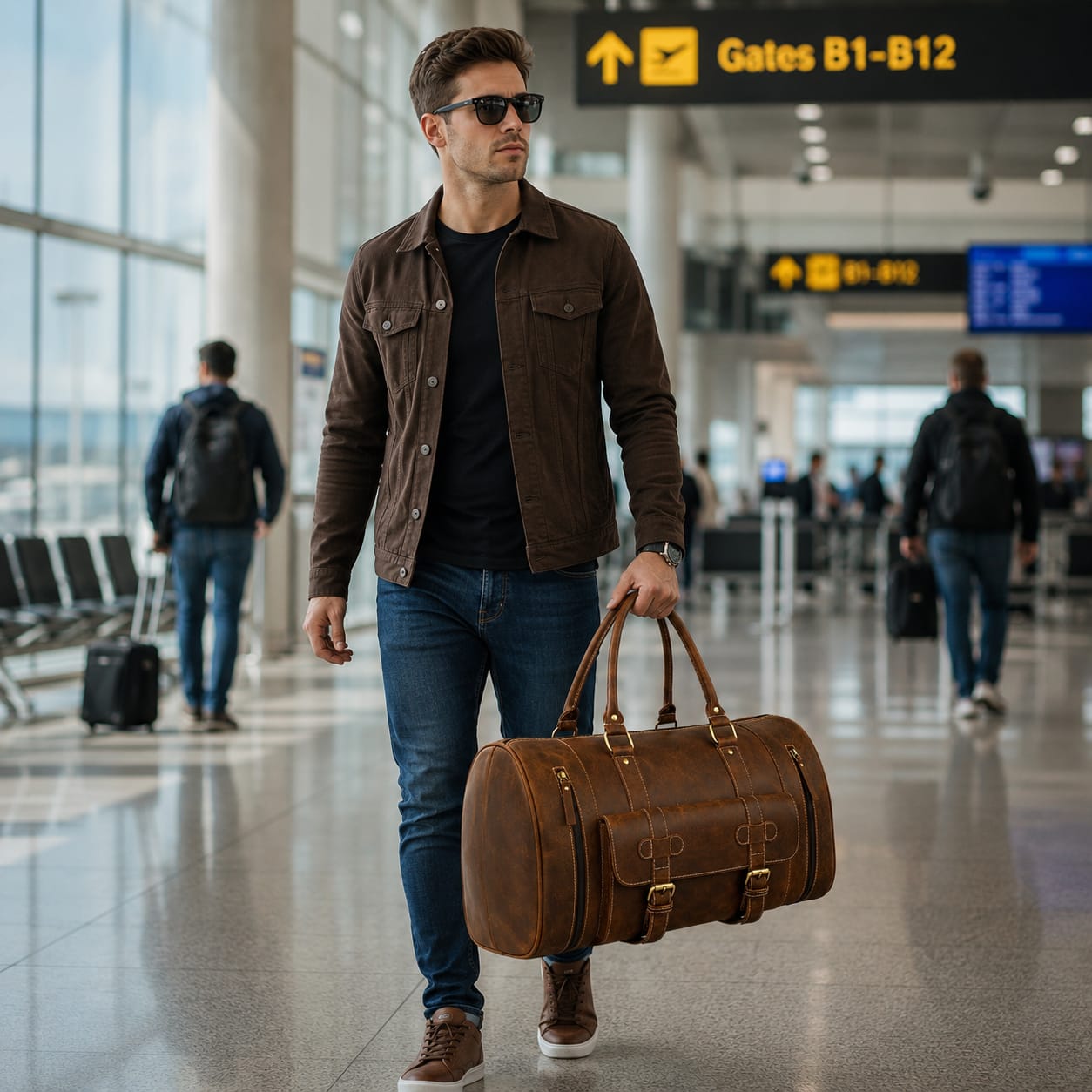 Luxcariiy Brown Genuine Leather Duffle Bag for Men & Women – Handmade Large Weekender Travel Duffel Bag with Multiple Pockets & Shoulder Strap
