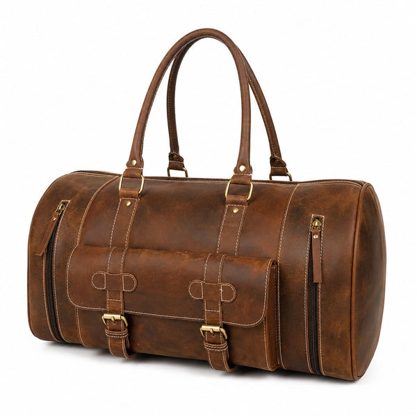 Luxcariiy Brown Genuine Leather Duffle Bag for Men & Women – Handmade Large Weekender Travel Duffel Bag with Multiple Pockets & Shoulder Strap