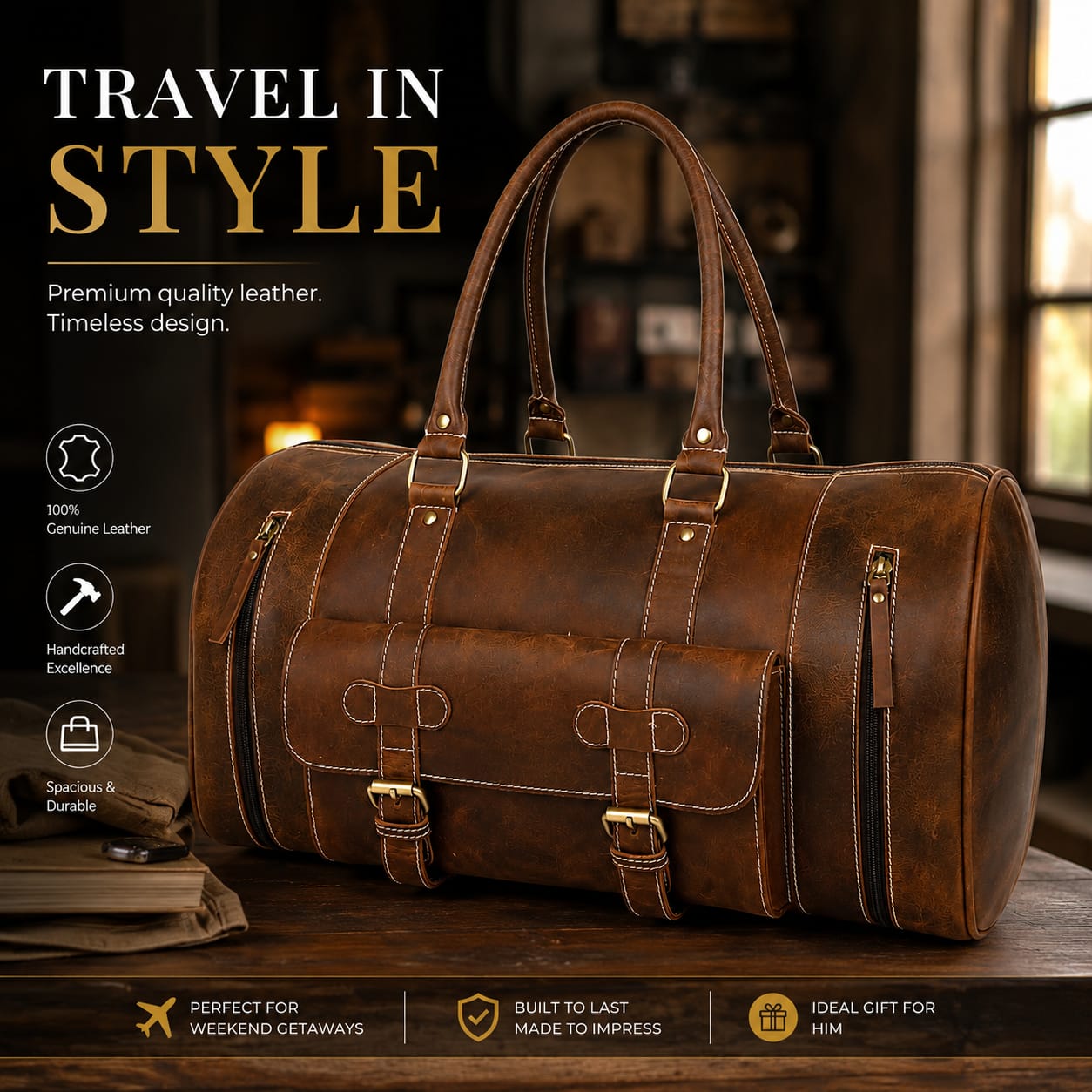 Luxcariiy Brown Genuine Leather Duffle Bag for Men & Women – Handmade Large Weekender Travel Duffel Bag with Multiple Pockets & Shoulder Strap