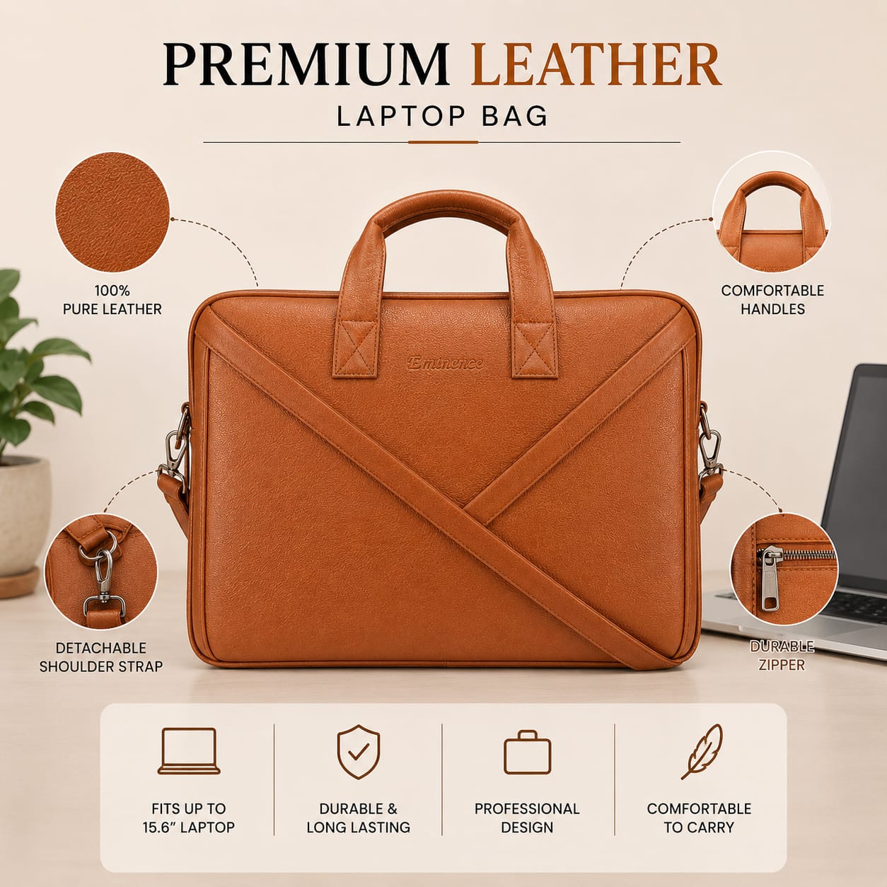Luxcariiy Eminence Tan Genuine Leather Laptop Bag for Men – 15.6 & 16 Inch Professional Business Briefcase with Padded Laptop Compartment, Premium Office Work Travel Messenger Bag